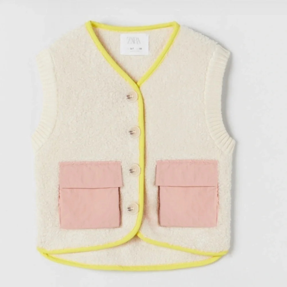 Zara Kids Boucle Knit Sweater Vest Fleece Pile  Retro Vintage Button Down 13-14